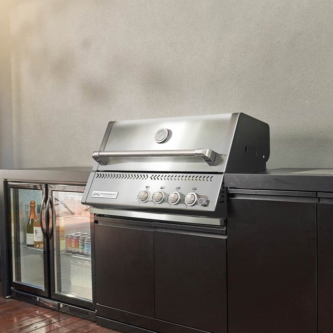 CROSSRAY Premium Xplor 4 Burner Gas Outdoor Kitchen With Single Door Fridge And Sink In Black