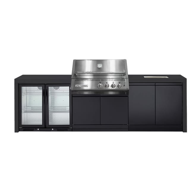 CROSSRAY Premium Xplor 4 Burner Gas Outdoor Kitchen With Double Door Fridge And Sink In Black