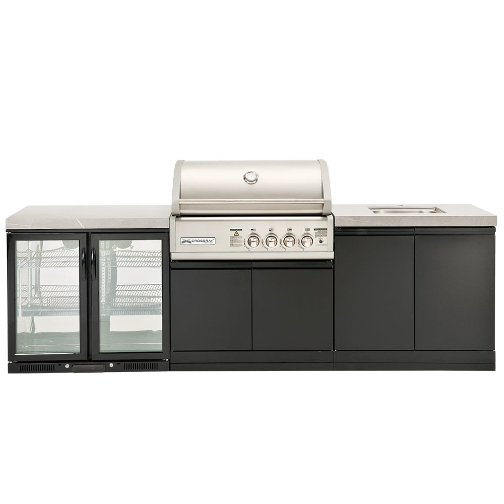 CROSSRAY 4 Burner Gas Outdoor Kitchen With Double Cabinets, Sink And Double Door Fridge